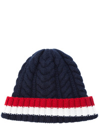 Thom Browne Aran Cable Hat With Red White And Blue Hem Stripe In Navy Cashmere