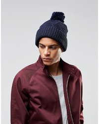 Asos Bobble Beanie With Diagonal Cable In Navy