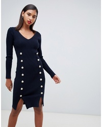 Morgan Knitted Bodycon Dress With Button Detail In Navy