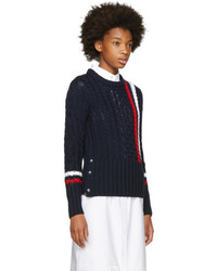 Thom Browne Navy Aran Cable Knit Stripes Crewneck Sweater
