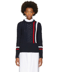 Thom Browne Navy Aran Cable Knit Stripes Crewneck Sweater