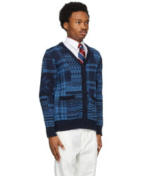 Beams Plus Blue Knit Jacquard Patchwork Cardigan