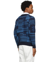 Beams Plus Blue Knit Jacquard Patchwork Cardigan