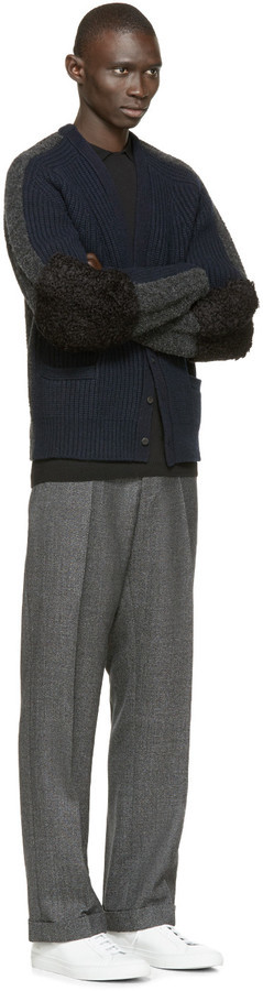 Toga Virilis Navy Grey Contrast Knit Cardigan, $650 | SSENSE