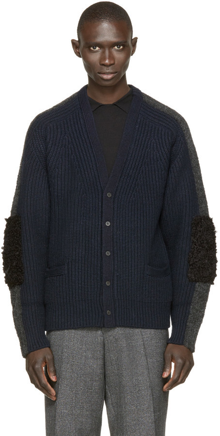 Toga Virilis Navy Grey Contrast Knit Cardigan, $650 | SSENSE