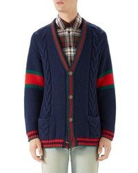 Gucci Web Cable Knit Wool Cardigan