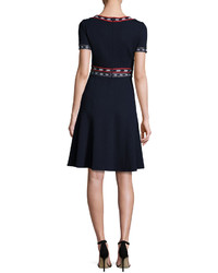 St. John Collection Milano Knit Bateau Neck Short Sleeve Flared Dress Navy