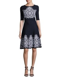 St. John Collection Nellore Jacquard Knit Flared Dress Navy