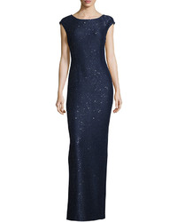 St. John Collection Hansh Sequined Knit Cap Sleeve Gown Navy