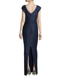 St. John Collection Hansh Sequined Knit Cap Sleeve Gown Navy