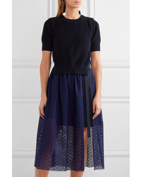 Sacai Knitted And Broderie Anglaise Cotton Midi Dress Navy