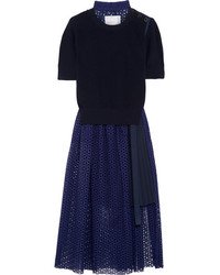 Sacai Knitted And Broderie Anglaise Cotton Midi Dress Navy