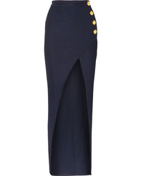 Balmain Wrap Effect Button Embellished Ribbed Jersey Skirt