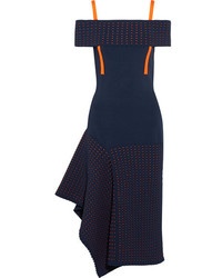 Jason Wu Off The Shoulder Asymmetric Stretch Knit And Jacquard Knit Dress Midnight Blue