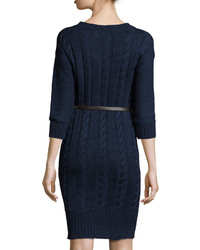 Three Dots Reese Cable Knit Belted Sweater Dress Indigo