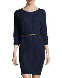 Three Dots Reese Cable Knit Belted Sweater Dress Indigo