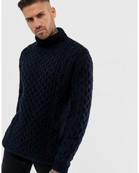 Pull&Bear Cable Knit Roll Neck Jumper In Navy