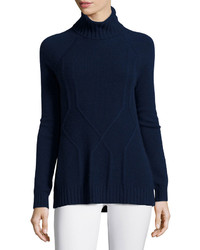 Neiman Marcus Cashmere Relaxed Cable Knit Turtleneck Sweater Navy