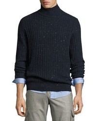 Brunello Cucinelli Donegal Ribbed Knit Turtleneck Sweater Navy