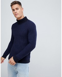 Selected Homme Knitted Roll Neck Jumper In Mixed Blue Knit