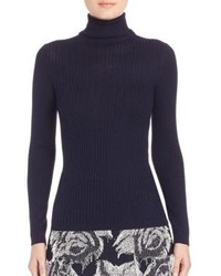 St. John Wool Silk Cashmere Cable Knit Turtleneck Sweater