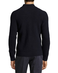 Salvatore Ferragamo Gancini Cable Knit Wool Cashmere Zip Front Sweater Navy