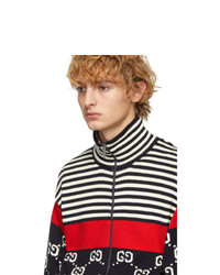 Gucci Navy And Off White Knit Gg Stripe Zip Up Jacket