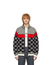 Gucci Navy And Off White Knit Gg Stripe Zip Up Jacket