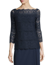 Escada 34 Sleeve Tiered Lace Blouse Midnight Blue