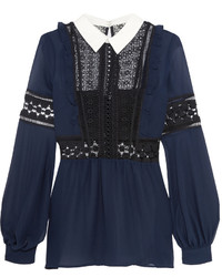 Self-Portrait Georgette And Guipure Lace Blouse Navy