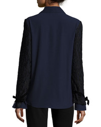 Alberto Makali Lace Overlay Sleeve Button Front Top Navy