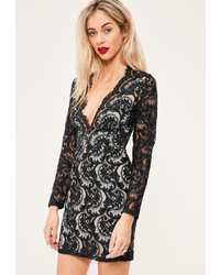 Missguided Navy Lace Plunge Scallop Bodycon Dress