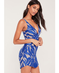 Missguided Strappy Plunge Lace Contrast Bodycon Dress Cobalt Blue