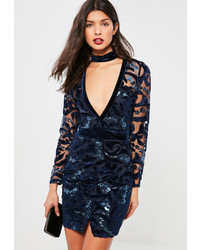 Missguided Navy Lace Velvet Choker Bodycon Dress