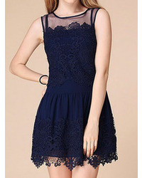 Choies Dark Blue Mesh Shoulder Lace Dress