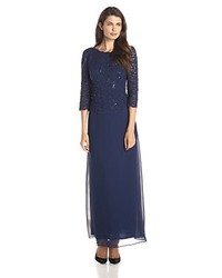 Alex Evenings Long Mock Dress With Bodice And Illusion 34 Sleeves