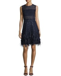 Elie Tahari Anabelle Sleeveless Lace Cocktail Dress W Feather Trim