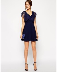 Elise Ryan Lace Skater Dress With Scallop Sleeve And Low Back