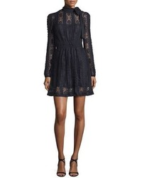 RED Valentino Long Sleeve Tie Neck Lace Jersey Dress Navy