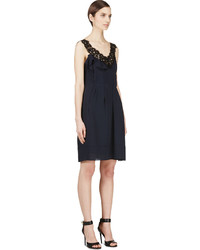 Nina Ricci Navy Crepe And Lace Pleated Dress