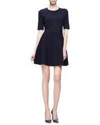 Lela Rose Short Sleeve Lace Inset Mini Dress Navy