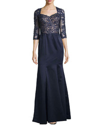 La Femme Beaded Lace Satin Ball Gown Navy