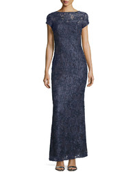 Laundry by Shelli Segal Cap Sleeve Bateau Neck Lace Gown Midnight