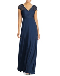Dessy Collection Cap Sleeve Lace Chiffon Gown