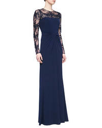David Meister Long Sleeve Lace Sequin Gown Navy