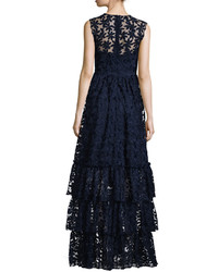Shoshanna Fowler Sleeveless Tiered Lace Gown Navy