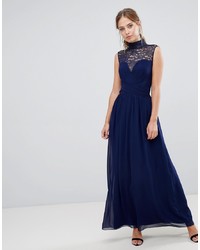 Little Mistress High Neck Maxi Dress With Gathered Bust And Gold Foiled Lace Yoke