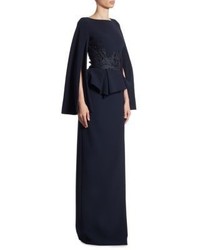 Theia Lace Cape Sleeve Peplum Gown