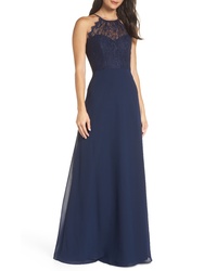 Hayley Paige Occasions Lace Halter Overlay Chiffon Gown