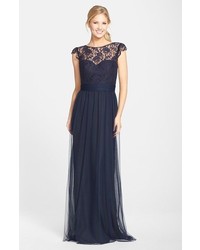 Amsale Lace Tulle Cap Sleeve Gown